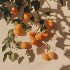 Wall Mural - Apricots on branch with leaves and shadow on beige background.