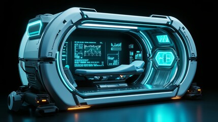Poster - A futuristic diagnostic pod with glowing holographic health readouts and automated analysis tools