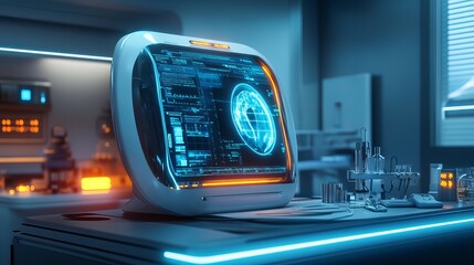 Poster - A futuristic diagnostic pod with glowing holographic health readouts and automated analysis tools