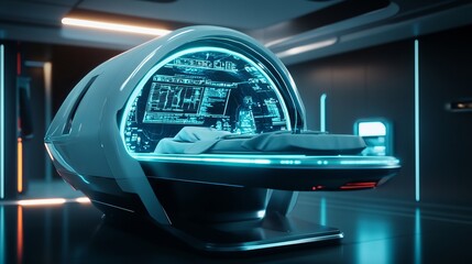 Poster - A futuristic diagnostic pod with glowing holographic health readouts and automated analysis tools