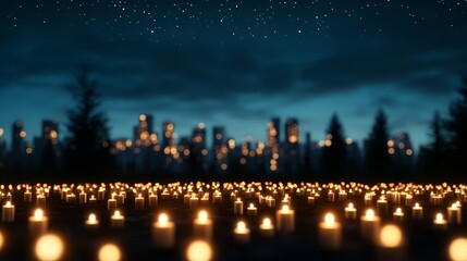 Wall Mural - A silhouette of a cityscape lit by hundreds of tiny candles in windows against a starlit sky for Earth Hour reflection 