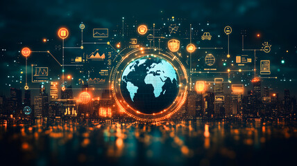 Poster - Global Network: A stylized depiction of a connected world, with a glowing globe surrounded by intricate network connections and digital icons, symbolizing global interconnectedness, technology.