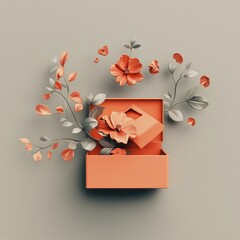 Canvas Print - Coral box with flowers and leaves.