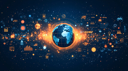 Poster - Global Network: A glowing orb of the Earth amidst a whirlwind of digital icons representing the interconnectedness of a global network.  
