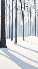 Wall Mural - Serene minimalist winter forest shadows on pristine snow