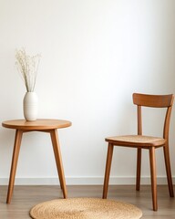 Minimalist Scandinavian Home Decor Wooden Chair Table Vase Flowers