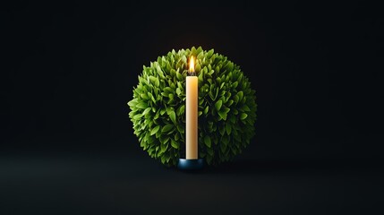 Wall Mural - A glowing Earth made of green leaves and blue water isolated on a black background with a single candle lit for Earth Hour symbolism 