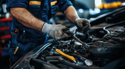 Poster - A mechanic working on a vehicle with visible tools and oil stains isolated