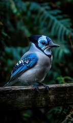 Wall Mural - Blue jay perched on branch in forest.