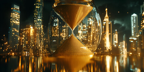 Poster - Golden Hourglass Cityscape: A majestic hourglass filled with golden sand dominates the foreground, with a breathtaking futuristic cityscape reflected in its surface and shimmering in the background.