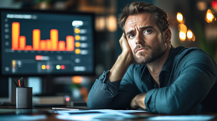 Poster - Businessman Contemplating Market Trends: A young man stares intently at a computer screen, his brow furrowed in concentration. The graph displayed on the screen, with its fluctuating orange lines.
