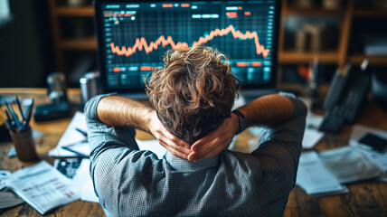 Poster - market analysis: stressed trader reviewing data on large screen