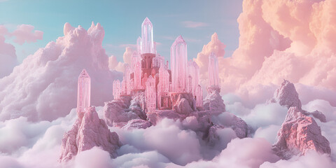 Poster - Crystal Castle in the Clouds: A breathtaking fantasy landscape features a majestic crystal castle perched atop a cloud-covered mountain, bathed in a soft, pink-hued light.