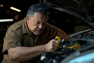 Poster - Hispanic man with a mustache repairing a car in a garage photorealistic studio lighting