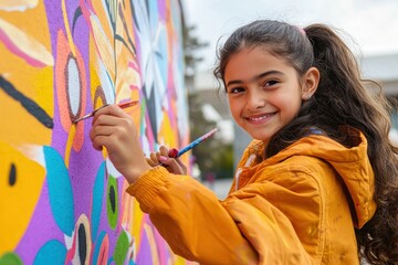 Hispanic teenage girl painting a mural on an outdoor wall photorealistic studio lighting