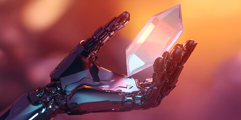 Poster - Robotic Hand Holding Crystal: A chrome robotic hand delicately cradles a multifaceted crystal, illuminated by warm, vibrant hues.