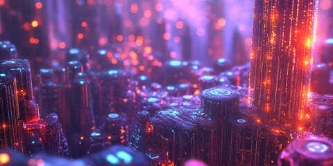 Poster - Neon Metropolis: A captivating digital art piece depicting a futuristic metropolis bathed in vibrant hues of neon pink, blue, and orange, radiating an otherworldly energy.