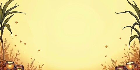 Poster - Yellow background with a leafy border and a few cups. The cups are arranged in a way that they look like they are in a garden. For Banner, poster, background, greeting card