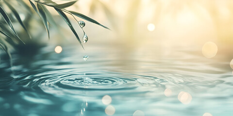 Sticker - Water Droplet Serenity: A single water droplet, like a glistening jewel, falls from a delicate bamboo leaf, creating mesmerizing ripples in a tranquil pond.