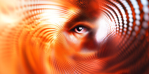 Poster - Abstract Eye in Orange Vortex: A mesmerizing close-up of a human eye, partially obscured and distorted by swirling orange and red concentric lines, creates a captivating and surreal visual effect.