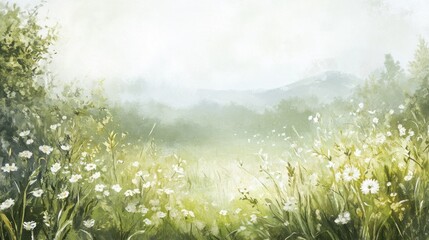 Wall Mural - Misty meadow landscape painting, featuring wildflowers, gentle hills, and a soft, hazy atmosphere.