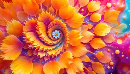 Poster - Colorful flower with a spiral pattern and a small white flower in the center. The flower is surrounded by a swirl of leaves and has a vibrant. For Banner, poster, background, greeting card