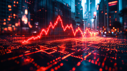 Poster - Market Crash: A Glowing Red Stock Market Decline Graph Projected Over a Futuristic Cityscape at Night 