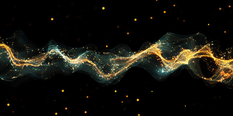 Poster - Cosmic Dance of Light: A mesmerizing abstract background featuring a dynamic wave of golden light dancing through a dark canvas, dotted with twinkling stars.