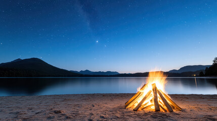 Sticker - serene beach bonfire under starry sky, reflecting on calm water