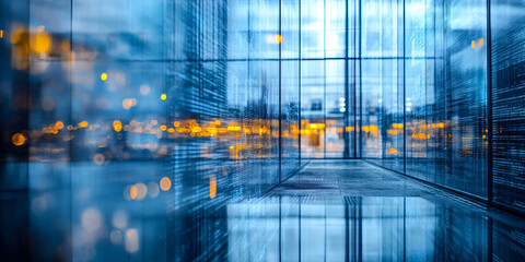 Poster - Urban Reflections:  Abstract composition of a contemporary glass facade reflecting the vibrant city lights. The sleek and modern lines create a sense of movement, dynamism, and energy.  