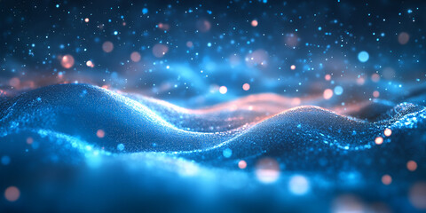 Poster - abstract blue energy: shimmering, dynamic particles form abstract waves of blue and pink light, crea