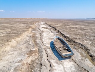 Abandoned Boat on Dried Up Lakebed Crackled Earth Arid Landscape