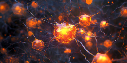 Poster - neural network abstract: a mesmerizing abstract visualization of neurons, glowing orange and interco