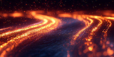 Poster - fiery trails of light: abstract image of swirling, fiery orange and gold trails of light against a d