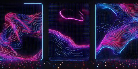 Poster - neon dreamscape triptych: a captivating triptych of abstract digital art featuring vibrant pink and 