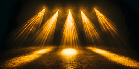 Poster - golden spotlight: a dramatic scene with four powerful spotlights piercing the darkness, casting a wa
