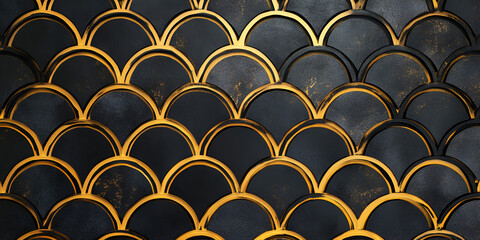 Poster - black and gold scallops: elegant, repeating pattern of black and gold scallops, reminiscent of art d