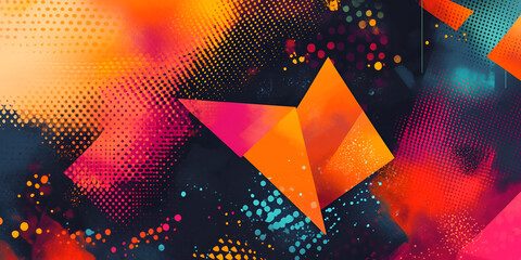 Fototapete - Abstract Geometric Burst: Vibrant hues and bold shapes collide in a dynamic digital artwork.  A captivating blend of orange, pink, and dark tones creates a visually striking abstract design.