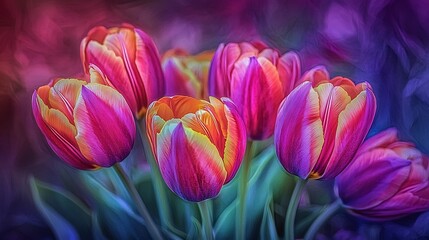 Canvas Print - Vibrant close-up of six multicolored tulips with a blurred background.