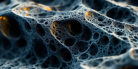 Poster - Abstract Porous Surface: Intricate details of a dark, porous, three-dimensional structure, reminiscent of a cavernous landscape or alien terrain.  Illuminated with warm, golden highlights.