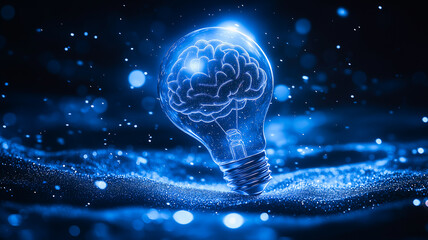 Poster - Brainwave Inspiration: A glowing lightbulb, illuminated by a radiant blue light, reveals a captivating image of a human brain within, symbolizing the brilliance and power of human intellect.  