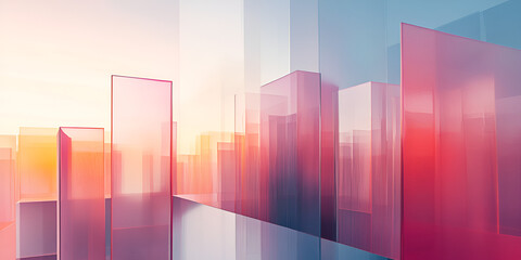 Aufkleber - abstract cityscape at dawn: a mesmerizing blend of translucent glass skyscrapers bathed in the warm 