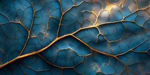 Poster - Golden Veins of Nature: Abstract close-up of a leaf's intricate network of veins, showcasing a mesmerizing blend of deep teal and golden hues. A captivating study in texture and natural artistry. 