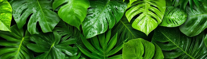 Wall Mural - Closeup of vibrant green leaves adorned with sparkling water droplets after a refreshing rain