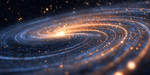 Poster - Cosmic Spiral: A mesmerizing abstract illustration of a swirling galaxy, bursting with golden stardust. The image evokes awe and wonder, transporting viewers to the vast expanse of the cosmos. 