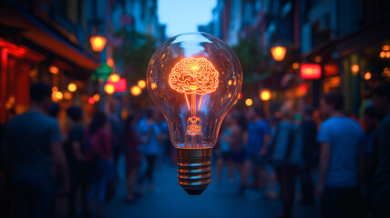 Poster - Urban Inspiration: A glowing lightbulb shaped like a human brain illuminates a bustling city street, symbolizing the power of ideas and innovation in a vibrant urban setting.  