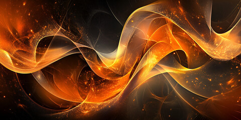 Fototapete - Abstract Orange Fire Flow:  A mesmerizing abstract background featuring fiery orange and gold waves of light, swirling and dancing across a dark canvas, creating a captivating digital art piece.  