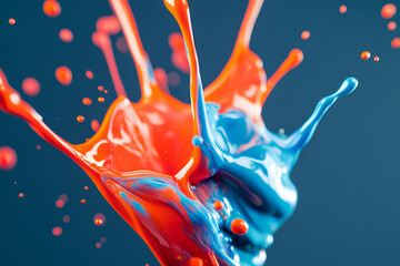 Poster - Blue and Orange Paint Explosion:  Vibrant, abstract splash of blue and orange paint against a dark background, capturing the dynamic energy and artistic beauty of color in motion.
