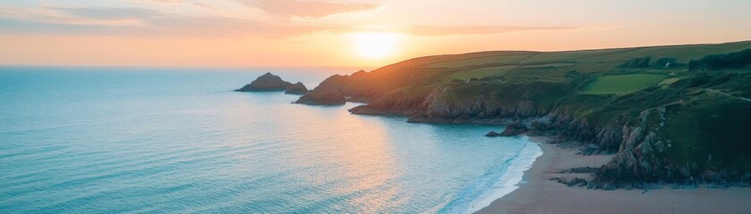 Wall Mural - Majestic cliffside beach at sunset, a tranquil ocean landscape 