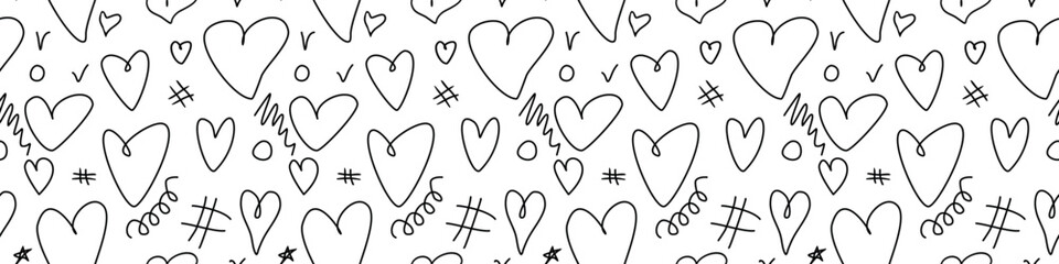 Wall Mural - Seamless abstract pattern of different contour hearts and doodles. Freehand scribble background, texture for textile, wrapping paper, Valentines day, romantic design
